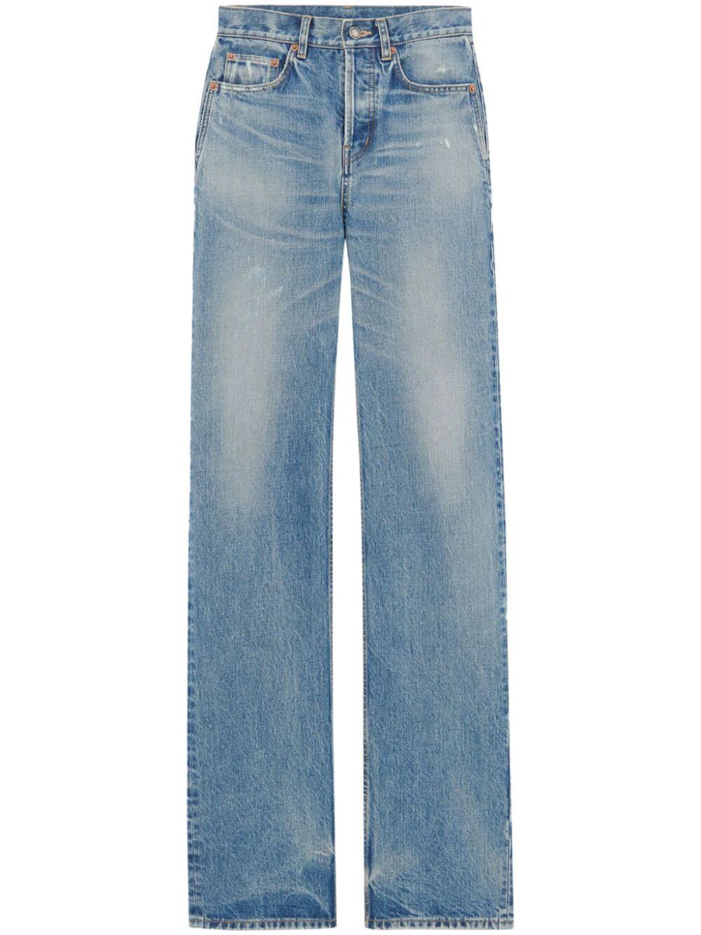 SAINT LAURENT Straight-Leg Navy Jeans in Washed-Out Denim with Distressed Details for Women