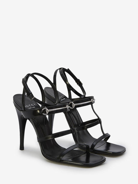 GUCCI Elegant Black Leather Sandals with Silver Horsebit Detail