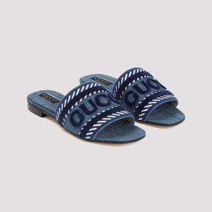GUCCI Denim Square Toe Slide Sandals for Women, Velvet Effect Print - SS24