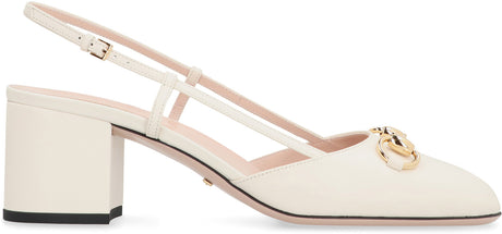 GUCCI Ivory Leather Slingback Pumps with Horsebit Detail and Adjustable Ankle Strap