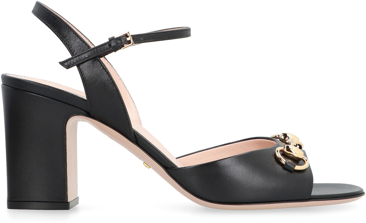 GUCCI Stylish Black Leather Sandals with Adjustable Ankle Strap and Front Horsebit for Women