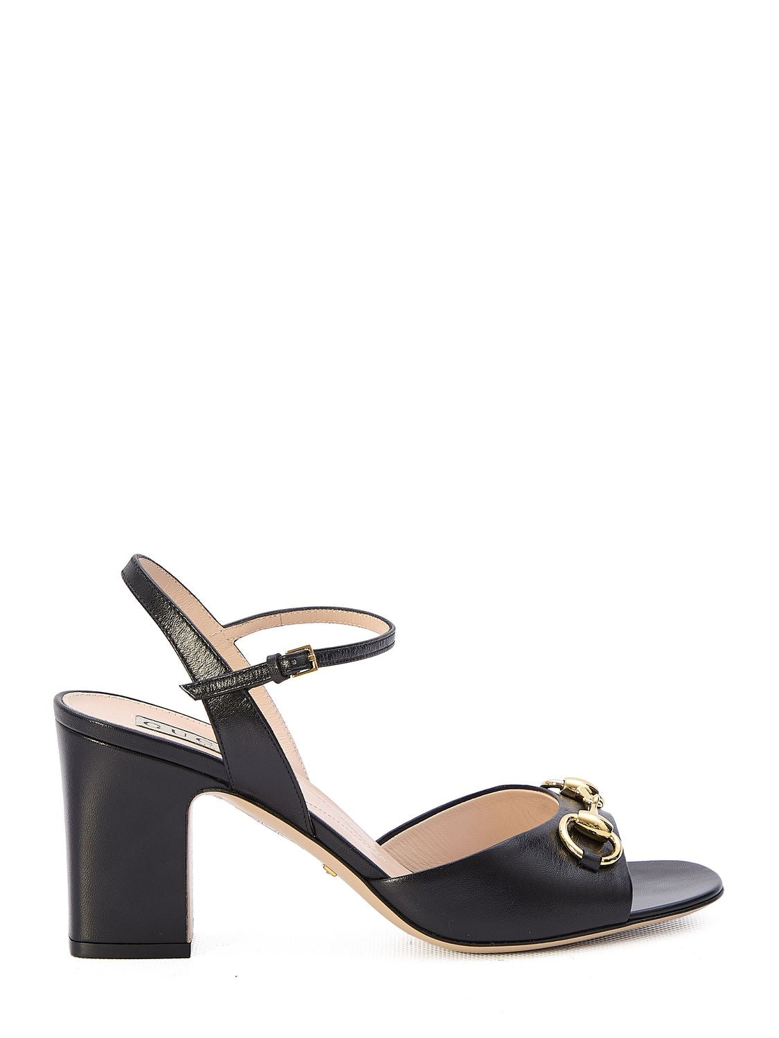 GUCCI Stylish Black Leather Sandals with Adjustable Ankle Strap and Front Horsebit for Women