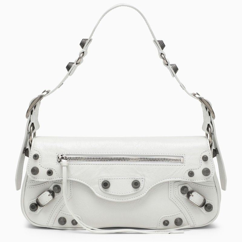 BALENCIAGA White Lambskin Leather Small Shoulder Handbag with Silver-Tone Studded Detail
