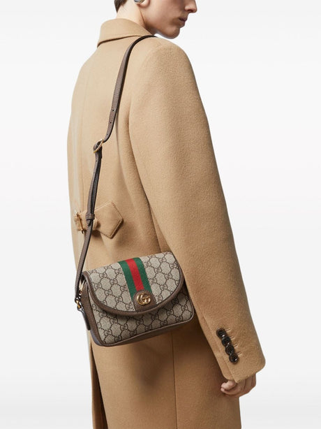 GUCCI Mini Canvas Shoulder Bag with Green and Red Web, Tan Leather Trims & Gold-Tone Accents, 19x13x5cm
