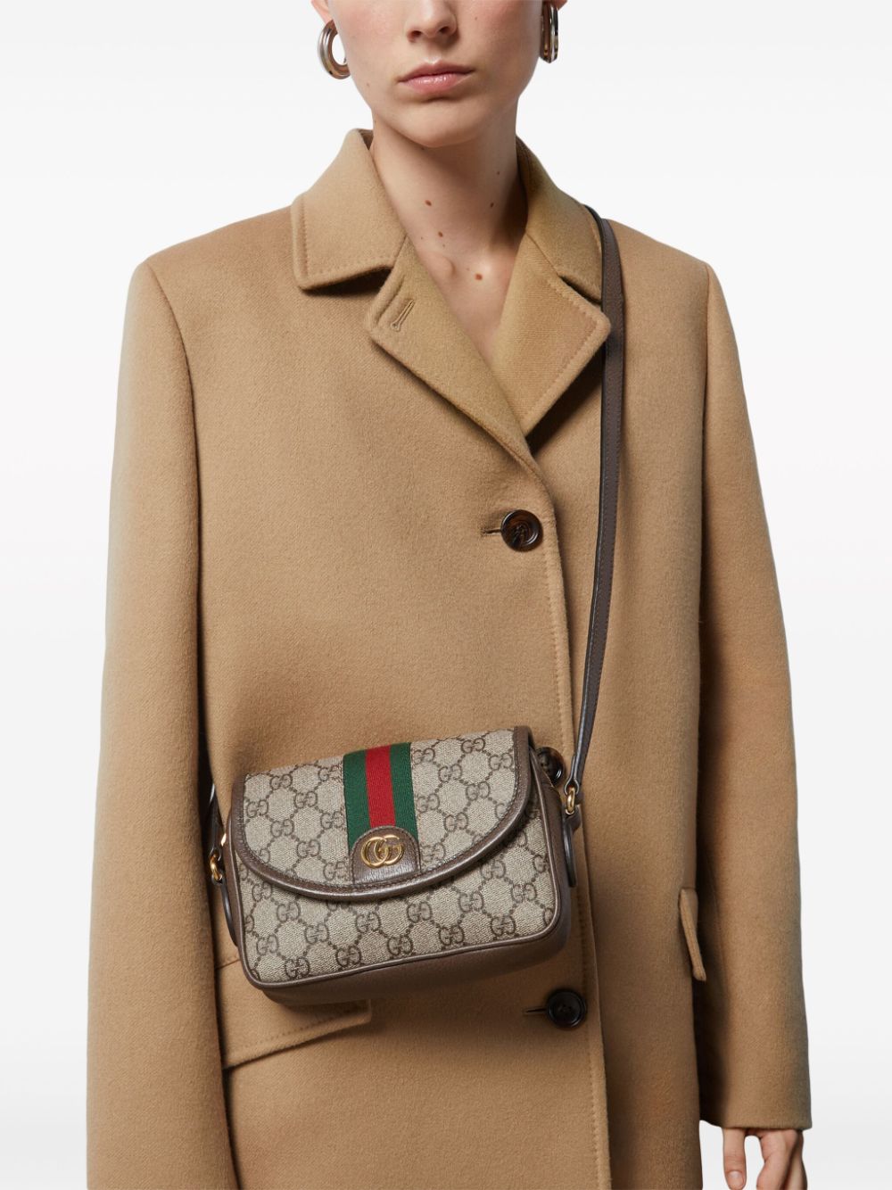 GUCCI Mini Canvas Shoulder Bag with Green and Red Web, Tan Leather Trims & Gold-Tone Accents, 19x13x5cm