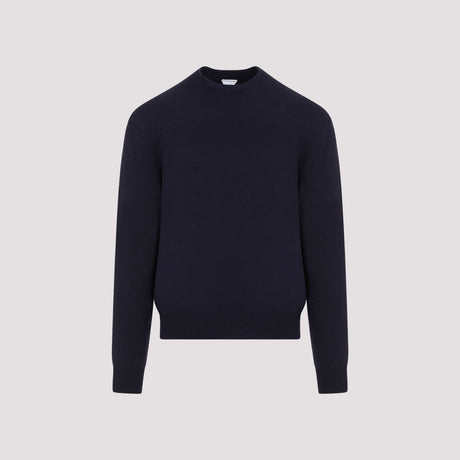 BOTTEGA VENETA Navy Crew-Neck Cashmere Sweater with Elbow Patches and Ribbed Knit Edges for Men