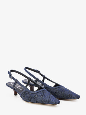 GUCCI Blue Denim Pumps with Black GG Crystals - Square Toe, Adjustable Ankle Strap, 5cm Heel Height