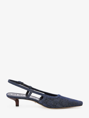 GUCCI Blue Denim Pumps with Black GG Crystals - Square Toe, Adjustable Ankle Strap, 5cm Heel Height