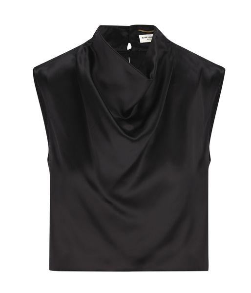 SAINT LAURENT Black Satin Short Top with Hooded Neck for Women