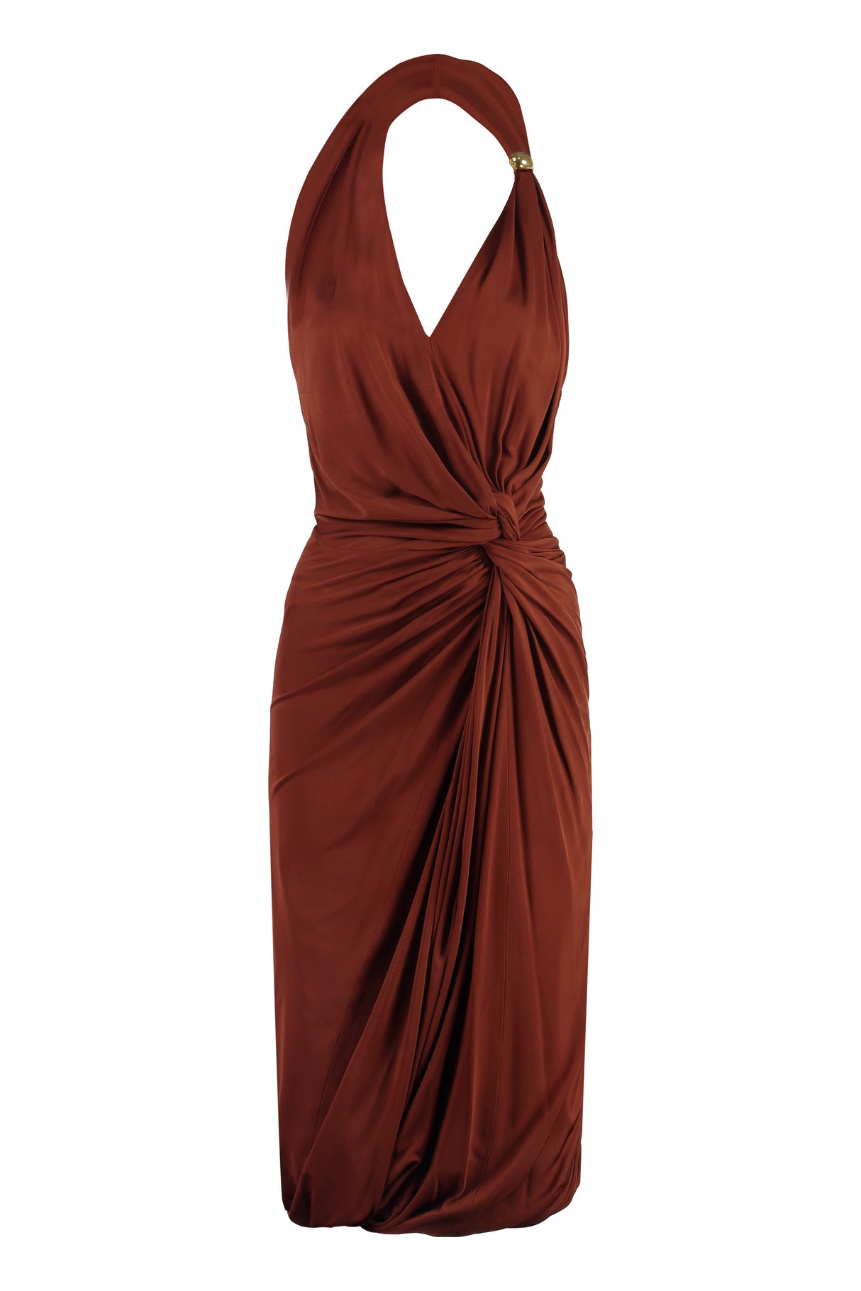 BOTTEGA VENETA Draped T-Shirt Dress with Gold-Tone Front Detail in Burnt Brown for Women