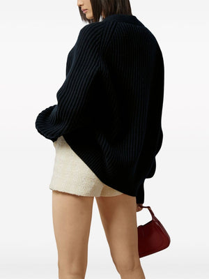 GUCCI Navy Blue Ribbed Wool and Cashmere Cardigan for Women