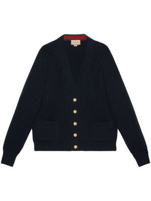 GUCCI Navy Blue Ribbed Wool and Cashmere Cardigan for Women