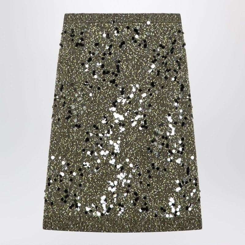 GUCCI Dark Green Viscoe and Tweed Blend Mini Skirt with Sequin Embroidery