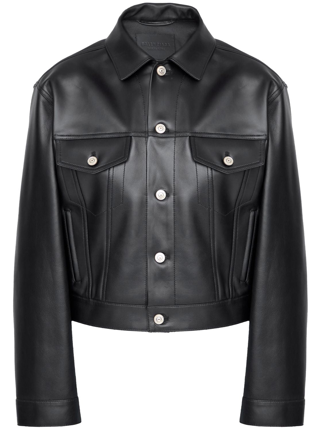 BALENCIAGA Black Leather Jacket with Shirt Collar and Button Closure for Women