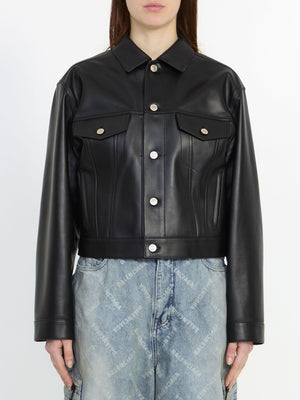 BALENCIAGA Black Leather Jacket with Shirt Collar and Button Closure for Women