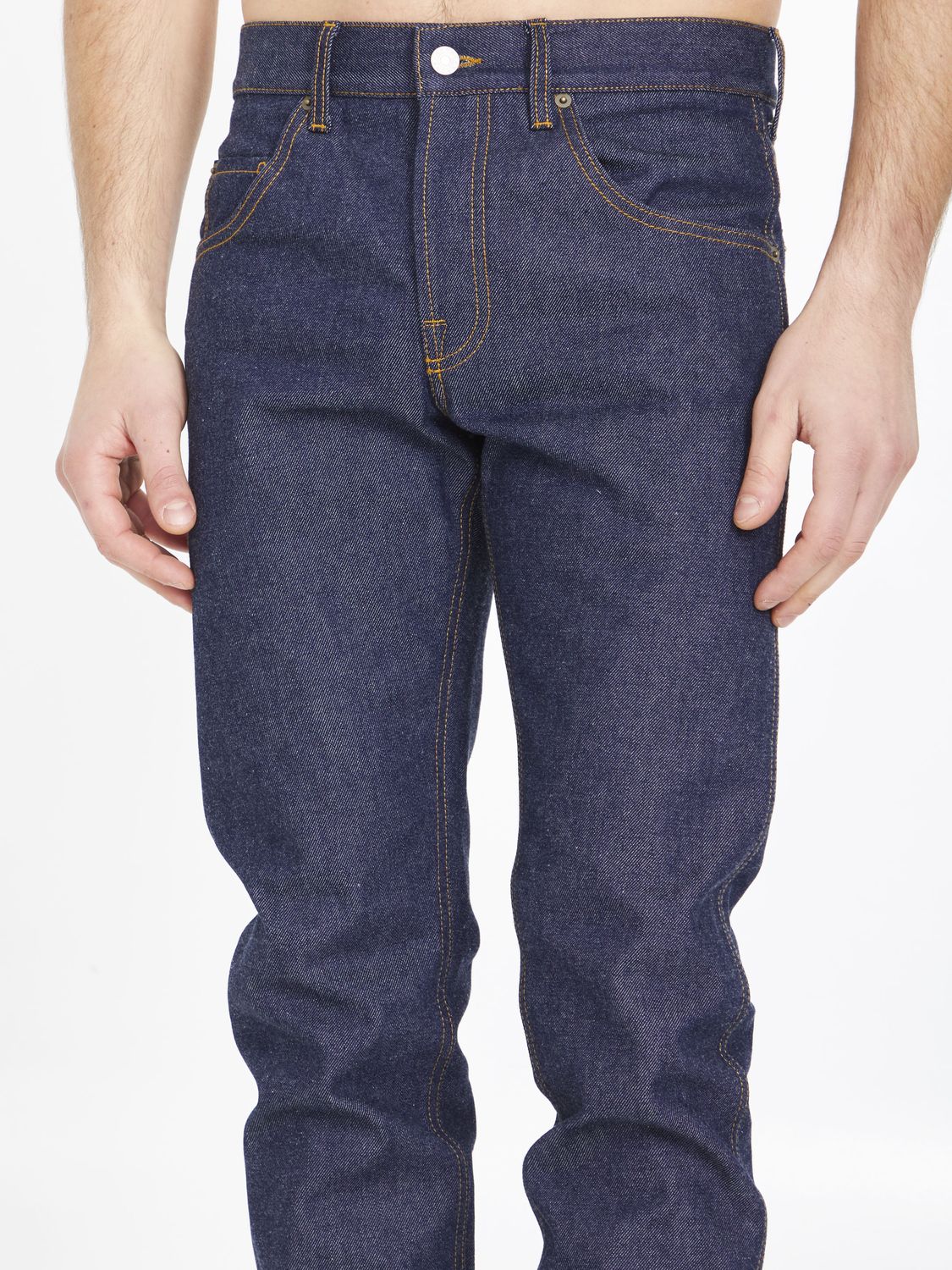 GUCCI Washed Blue Denim Jeans with Horsebit Embossed Leather Label