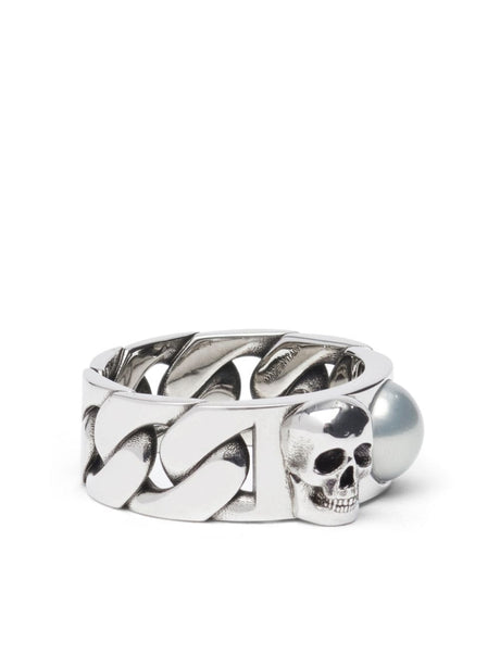 ALEXANDER MCQUEEN Sleek & Elegant Silver Ring with Pearl Accents for Men