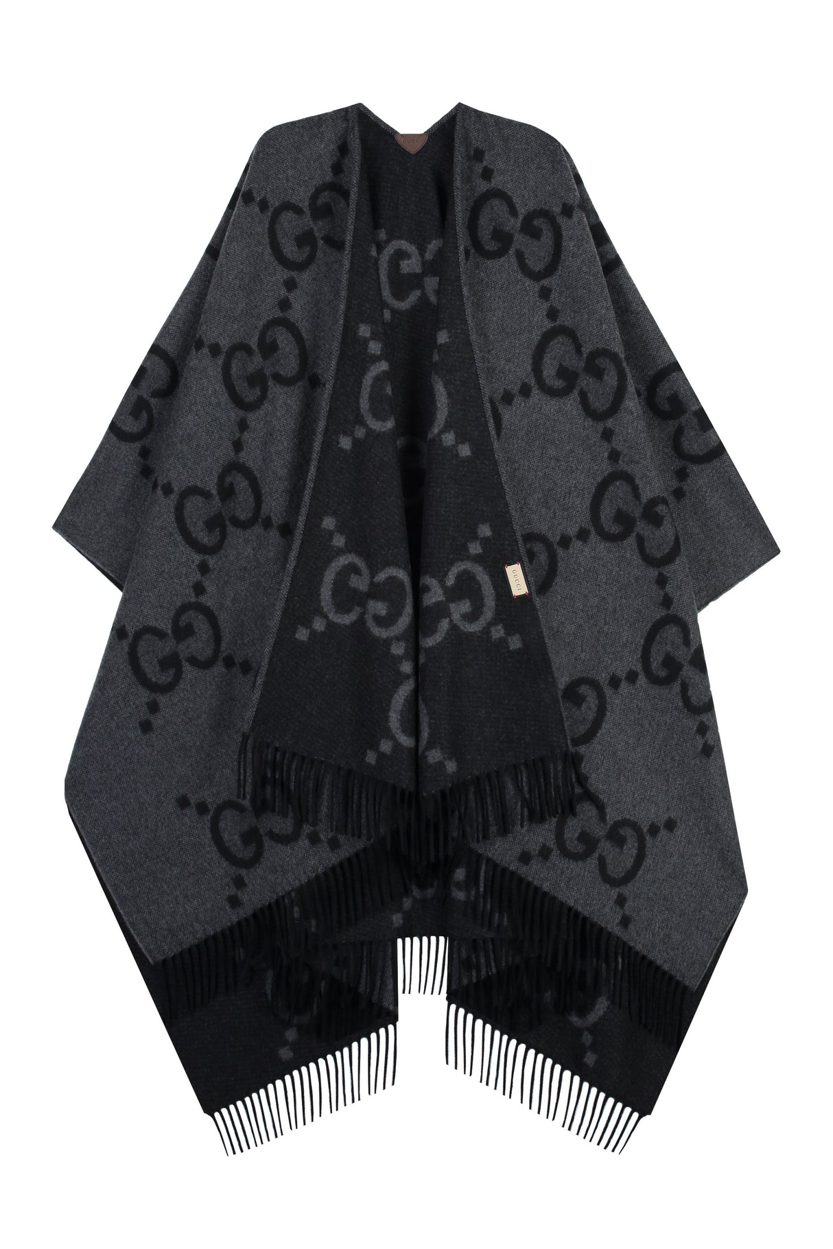 GUCCI Reversible Cashmere Poncho with Leather Details and Fringed Hemline