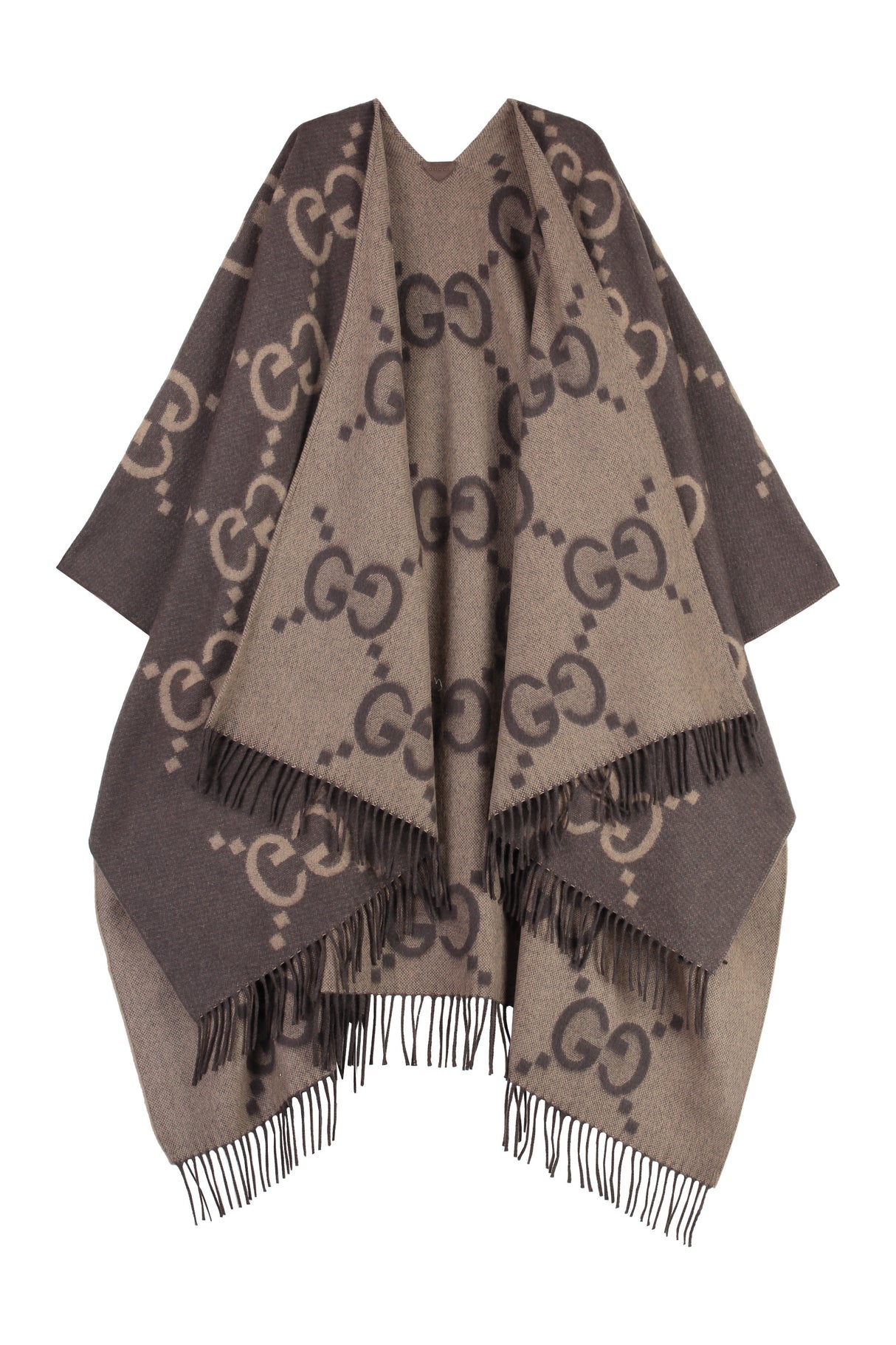 GUCCI Reversible Cashmere Poncho with Leather and Fringe Details