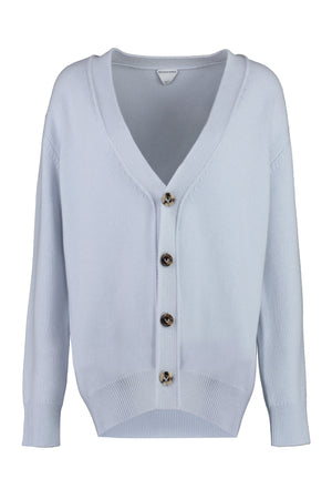 BOTTEGA VENETA Light Blue Cashmere Cardigan with Leather Patches