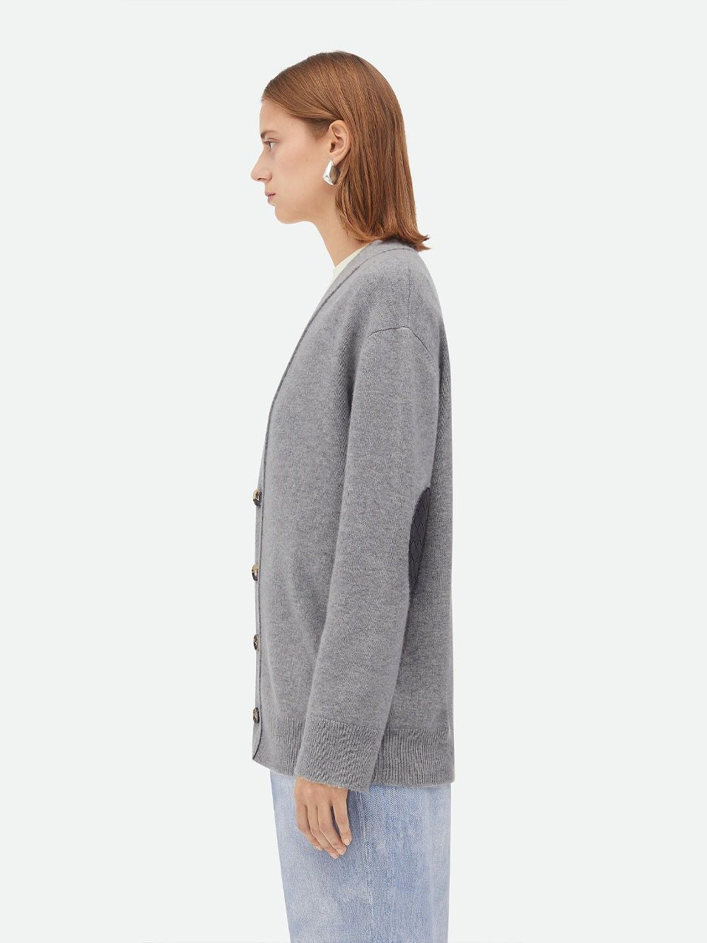 BOTTEGA VENETA Luxurious Gray Cashmere Cardigan with Leather Patches