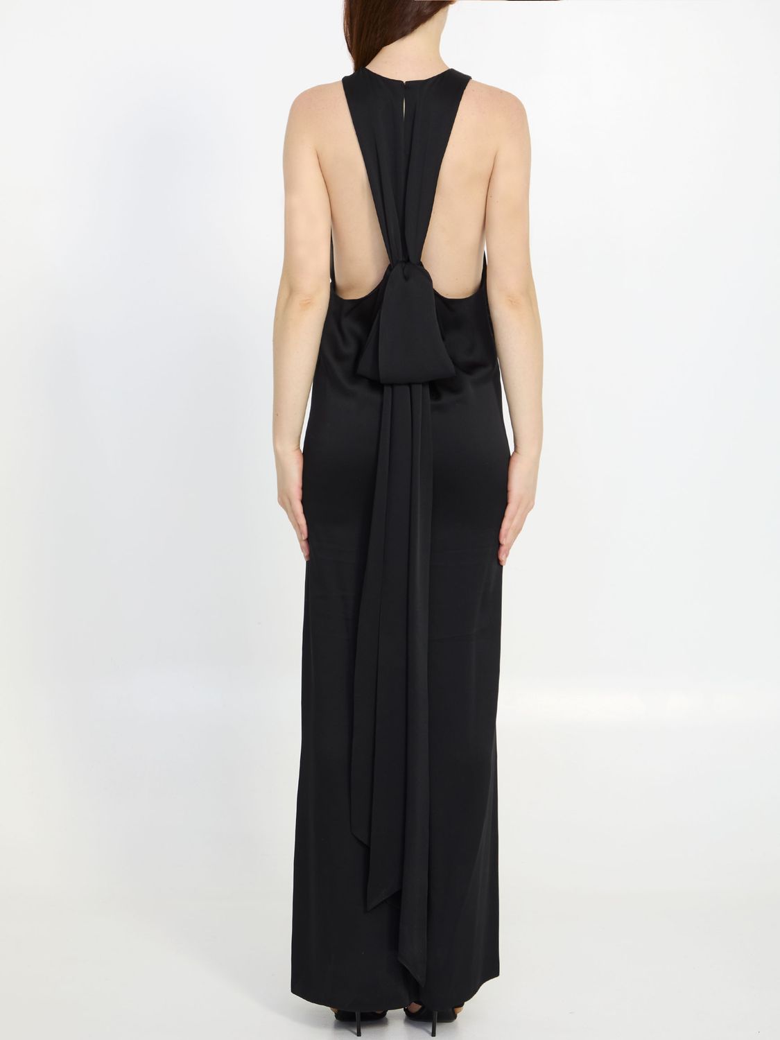 SAINT LAURENT Elegant Long Crepe Satin Dress with Back-Tie