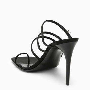 SAINT LAURENT Black Silk and Leather Sandal - Squared Open Toe, Stiletto Heel, Rhinestone Logo Letters