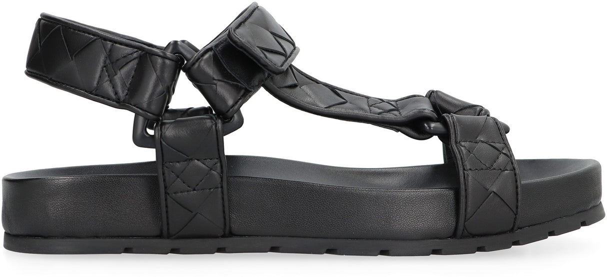 BOTTEGA VENETA Woven Leather Sandals with Velcro Strap and Round Toe for Women