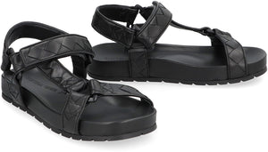 BOTTEGA VENETA Woven Pattern Leather Sandals with Velcro Strap for Women - Black