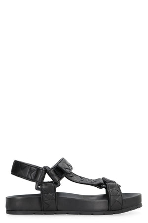 BOTTEGA VENETA Woven Pattern Leather Sandals with Velcro Strap for Women - Black