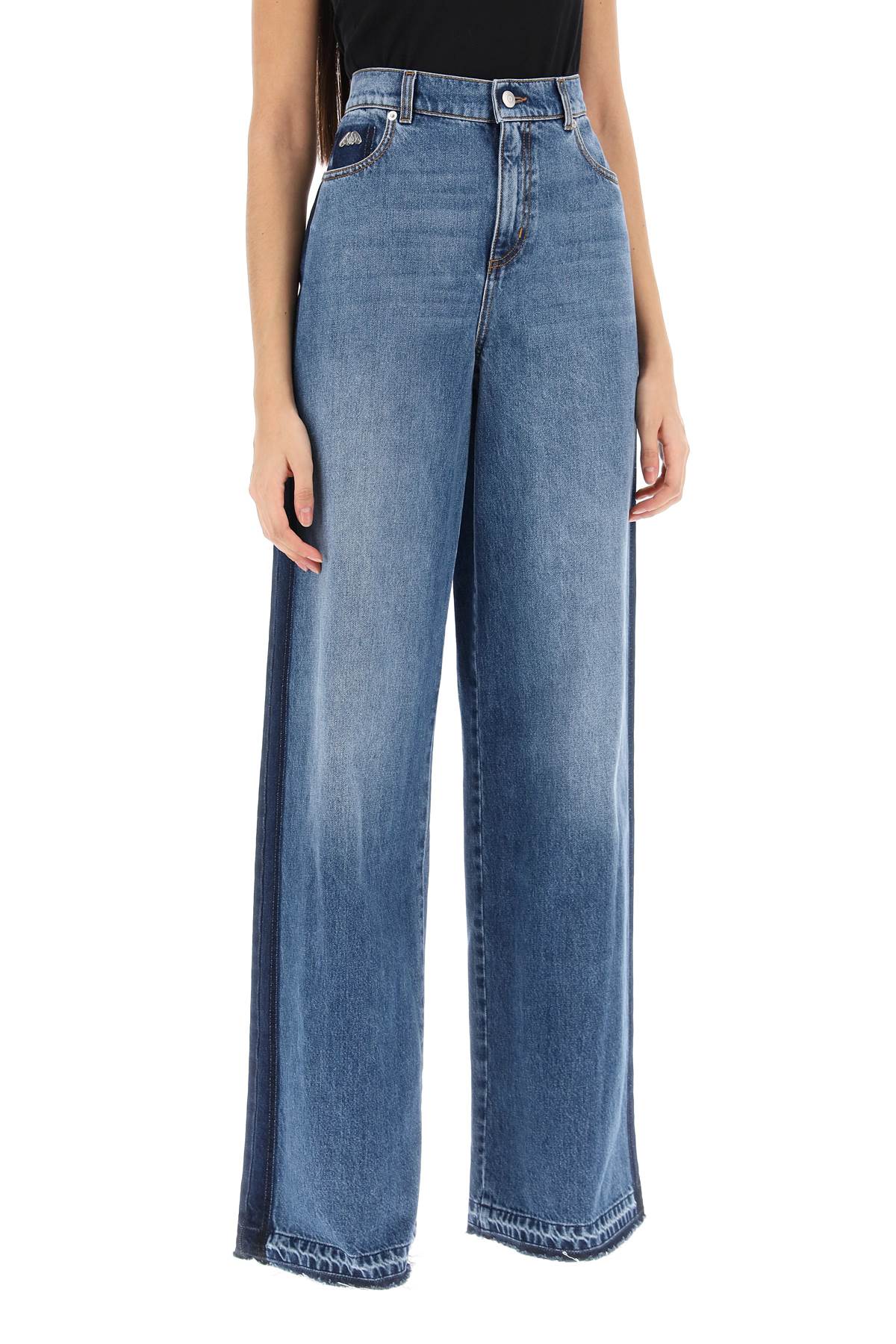 ALEXANDER MCQUEEN Loose Fit Wide Leg Blue Jeans with Contrasting Details