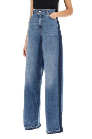 ALEXANDER MCQUEEN Loose Fit Wide Leg Blue Jeans with Contrasting Details