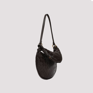 BOTTEGA VENETA Mini Gemelli Brown Leather Shoulder Bag with Gold-Tone Hardware and Intrecciato Weave