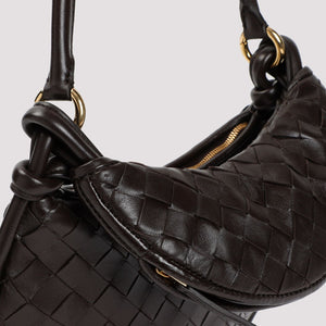 BOTTEGA VENETA Mini Gemelli Brown Leather Shoulder Bag with Gold-Tone Hardware and Intrecciato Weave