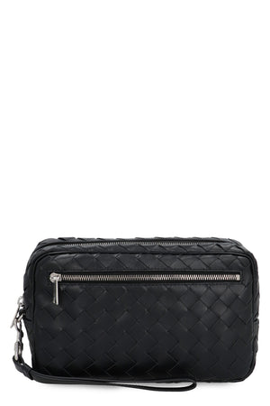 BOTTEGA VENETA Intrecciato Pattern Leather Handbag with Top Zipper and Detachable Wrist Strap