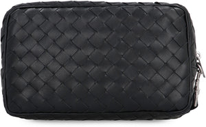 BOTTEGA VENETA Intrecciato Pattern Leather Handbag with Top Zipper and Detachable Wrist Strap