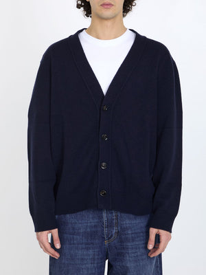 BOTTEGA VENETA Men's Blue Cashmere Cardigan with Leather Patches and Intreccio Motif