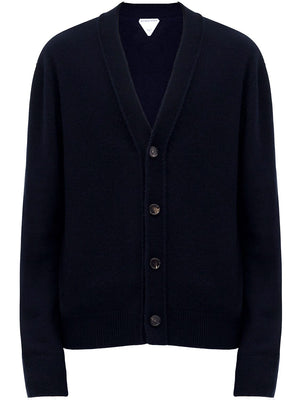 BOTTEGA VENETA Men's Blue Cashmere Cardigan with Leather Patches and Intreccio Motif