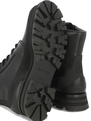 ALEXANDER MCQUEEN Lace-Up Boots for Men: HPSS24 Black Galosh-Inspired Flared 100% Leather & Rubber