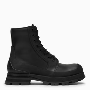 ALEXANDER MCQUEEN Lace-Up Boots for Men: HPSS24 Black Galosh-Inspired Flared 100% Leather & Rubber