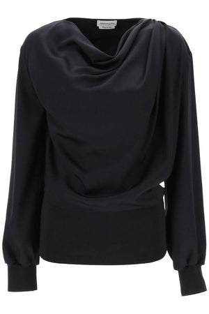 ALEXANDER MCQUEEN Draped Silk Satin Blouse with Cowl Neck and Ribbed Cuffs