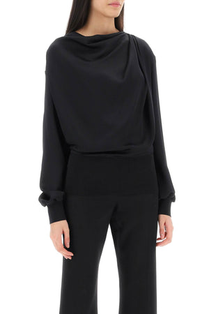 ALEXANDER MCQUEEN Draped Silk Satin Blouse with Cowl Neck and Ribbed Cuffs