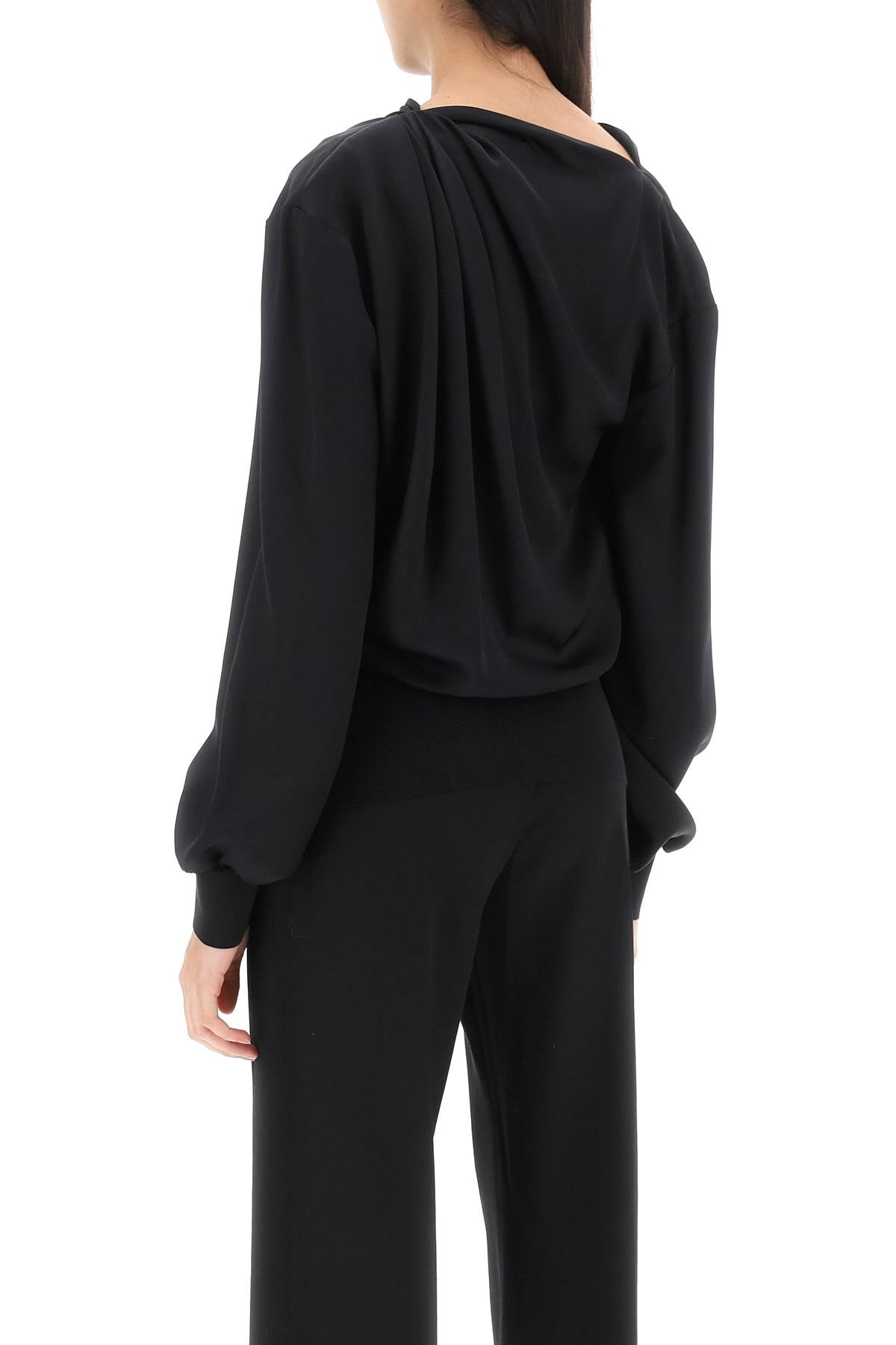 ALEXANDER MCQUEEN Draped Silk Satin Blouse with Cowl Neck and Ribbed Cuffs