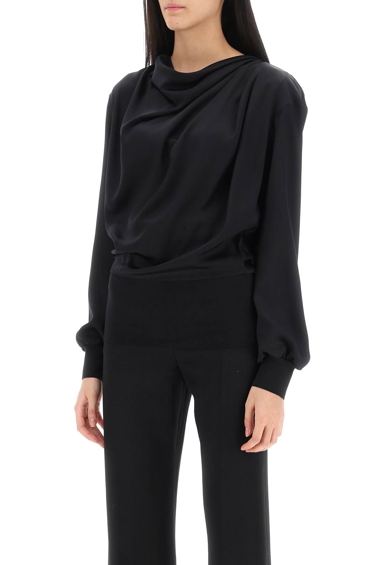 ALEXANDER MCQUEEN Draped Silk Satin Blouse with Cowl Neck and Ribbed Cuffs