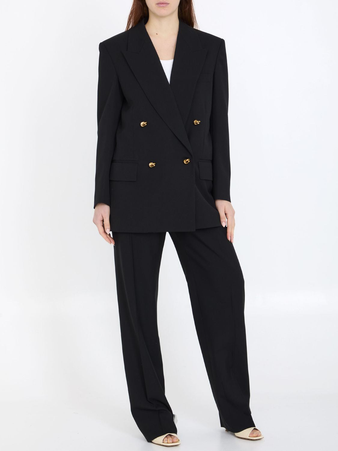 Áo khoác nữ áp dụng hai hàng khuy khoá với nút bấm- Vải lông cừu đen