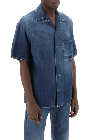 ALEXANDER MCQUEEN Men's Organic Denim Short Sleeve Button-Up Shirt in Navy
