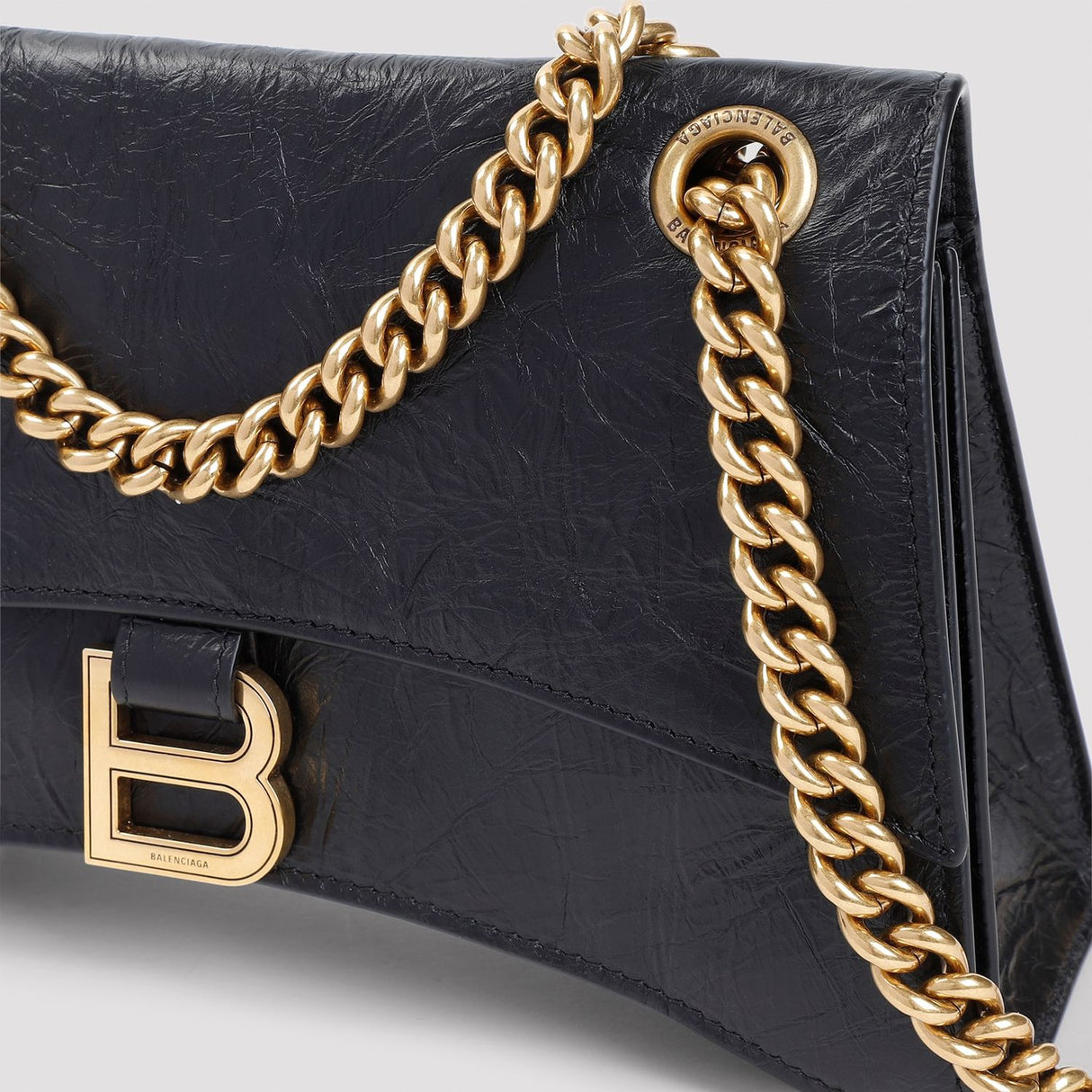 BALENCIAGA Elegant Mini Chain Crossbody in Black Leather W:9.6in H:5.9in D:2.75in