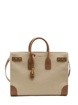 SAINT LAURENT Elegant Large Beige Canvas Handbag with Brown Leather Trims 40x30x13.5cm