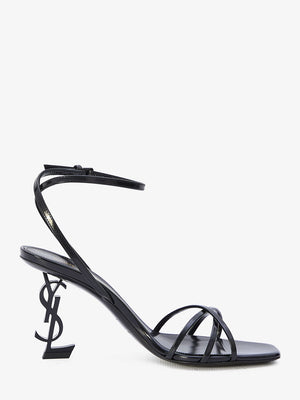 SAINT LAURENT Black Leather Sandals with Metallic Sculpture Heels and Adjustable Ankle Strap