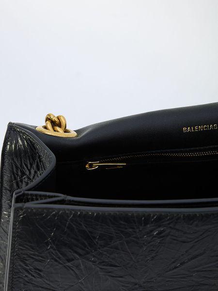 BALENCIAGA Black Crush Calfskin Shoulder Bag with Antique-Gold Chain, Magnetic B Logo Closure - Medium 19x32x11cm